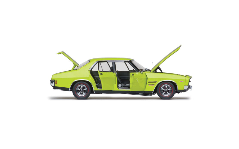 Classic Carlectables 18839 Holden HQ Monaro GTS Sedan Barbados Green with Black Stripes (350ci Engine) 1:18 Scale