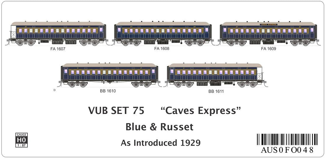SDS Models AUS0fO048 VUB SET 75 "CAVES EXPRESS" Blue & Russet as introduced 1929 HO Scale