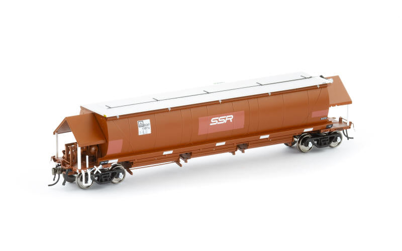 Auscision NGH-70 BGKF Grain Hopper Faded SRA Red with SSR Logos Grain Lids & Black XCS Bogies 4 Car Pack HO Scale