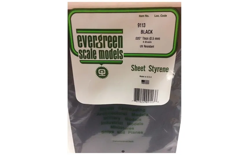 Evergreen Scale Models 9113 Black .020" Thick (0.50mm) 6 UV Resistant Polystyrene Sheets