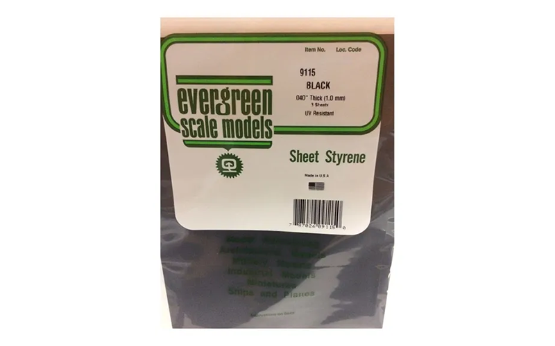 Evergreen Scale Models 9115 Black .040" Thick (1.00mm) 3 UV Resistant Polystyrene Sheets