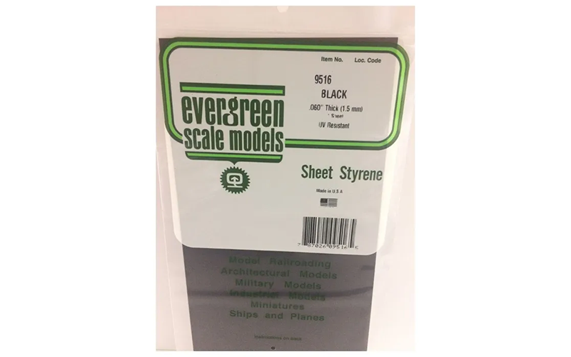 Evergreen Scale Models 9516 Black .060" Thick (1.5mm) 1 Sheet UV Resistant Polystyrene Sheet