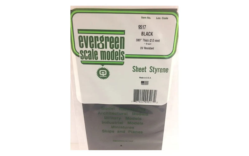 Evergreen Scale Models 9517 Black .080" Thick (2.0mm) 1 Sheet UV Resistant Polystyrene Sheet