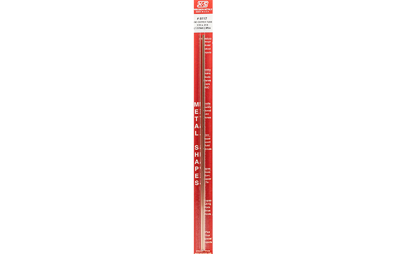 K & S #8117 Round Copper Tube 0.014" Wall x 12" Long - 1/16" OD