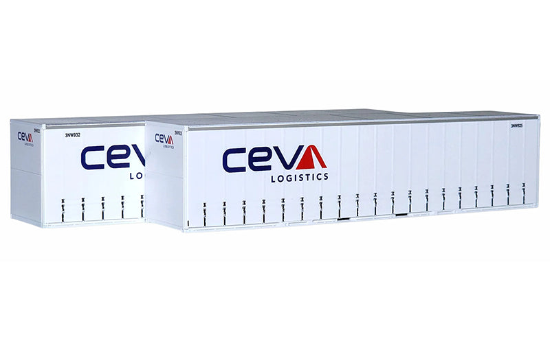 On Track Models 40CS-51 New CEVA White 40' Curtain Sided Containers 2 Pack HO Scale