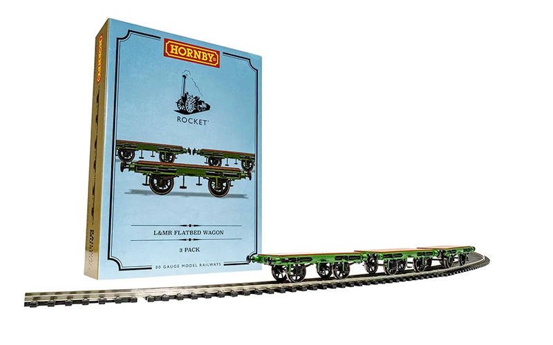 Hornby R60014 Flat Bed Wagon Pack containing 3 x Flat Bed Wagons (Stephenson's Rocket) OO Scale