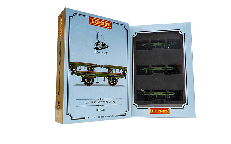 Hornby R60014 Flat Bed Wagon Pack containing 3 x Flat Bed Wagons (Stephenson's Rocket) OO Scale