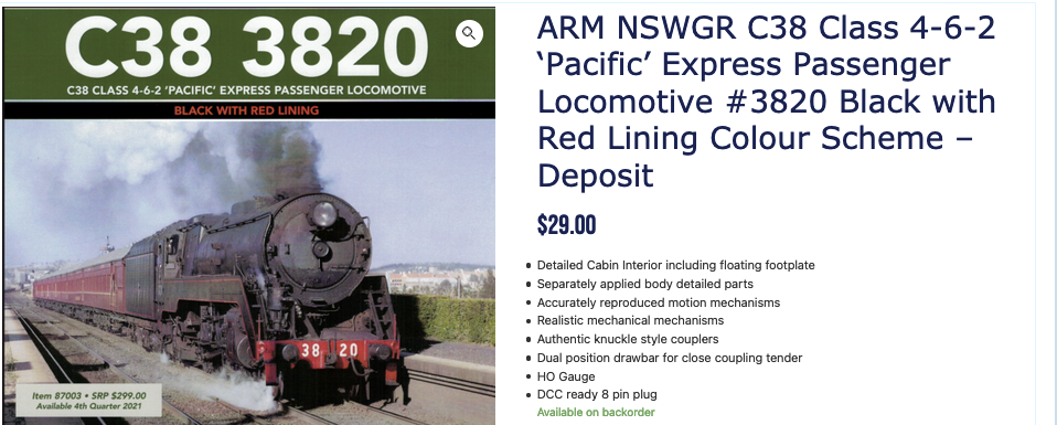 ARM NSWGR C38 Class 4-6-2 ‘Pacific’ Express Passenger Locomotive #3820 Black with Red Lining Colour Scheme