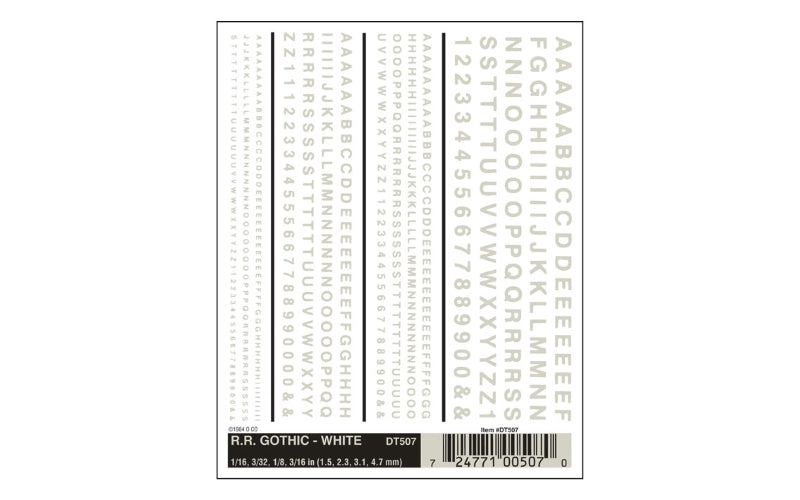 Woodland Scenics Dry Transfer Decals DT507 R.R. Gothic White