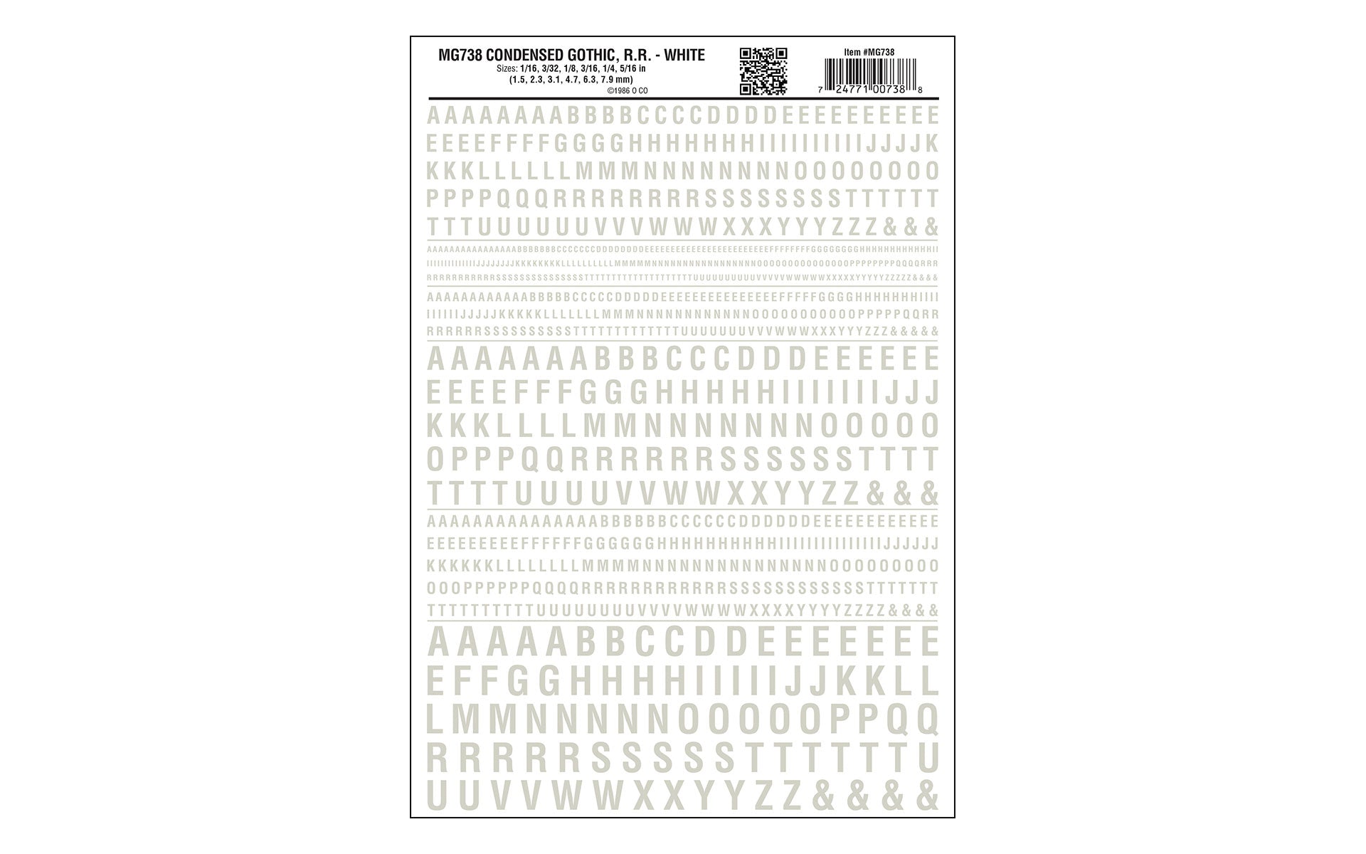 Woodland Scenics Model Graphics Dry Transfer Decals MG738 Condensed Gothic R.R. White