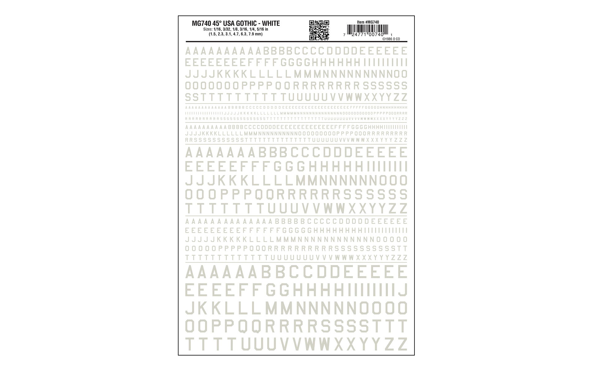 Woodland Scenics Model Graphics Dry Transfer Decals MG740 45° USA Gothic White