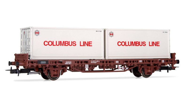 Rivarossi, DB, 2-axle flat wagon with 2 x 20" container "COLUMBUS LINE", epoch IV, HO Scale